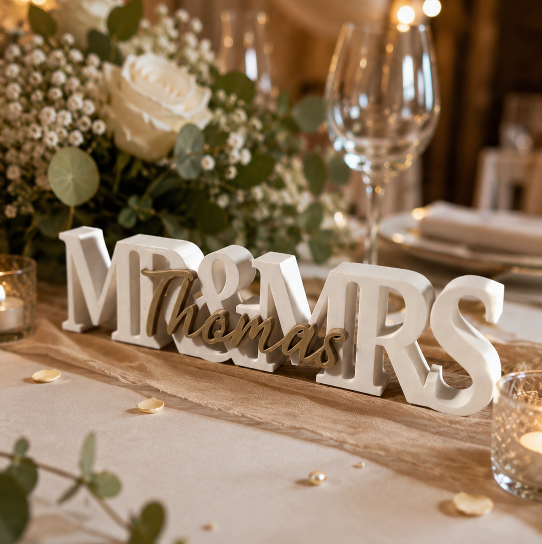 Décoration de table de mariage personnalisée : un « Mr & Mrs » créé spécialement pour vous