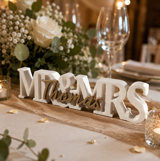 Décoration de table de mariage personnalisée : un « Mr & Mrs » créé spécialement pour vous