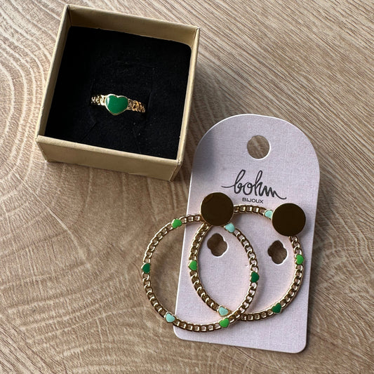 ✨ Duo Bohm Paris cœur vert – bague & créoles dorées ✨