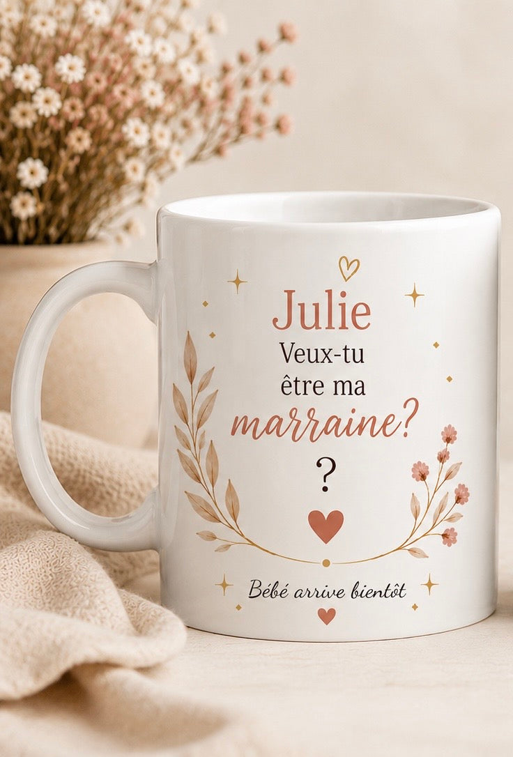 Tasse personnalisée « Veux-tu être ma marraine ? » avec prénoms