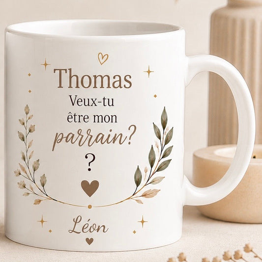 Tasse personnalisée « Veux-tu être mon parrain ? » avec prénom