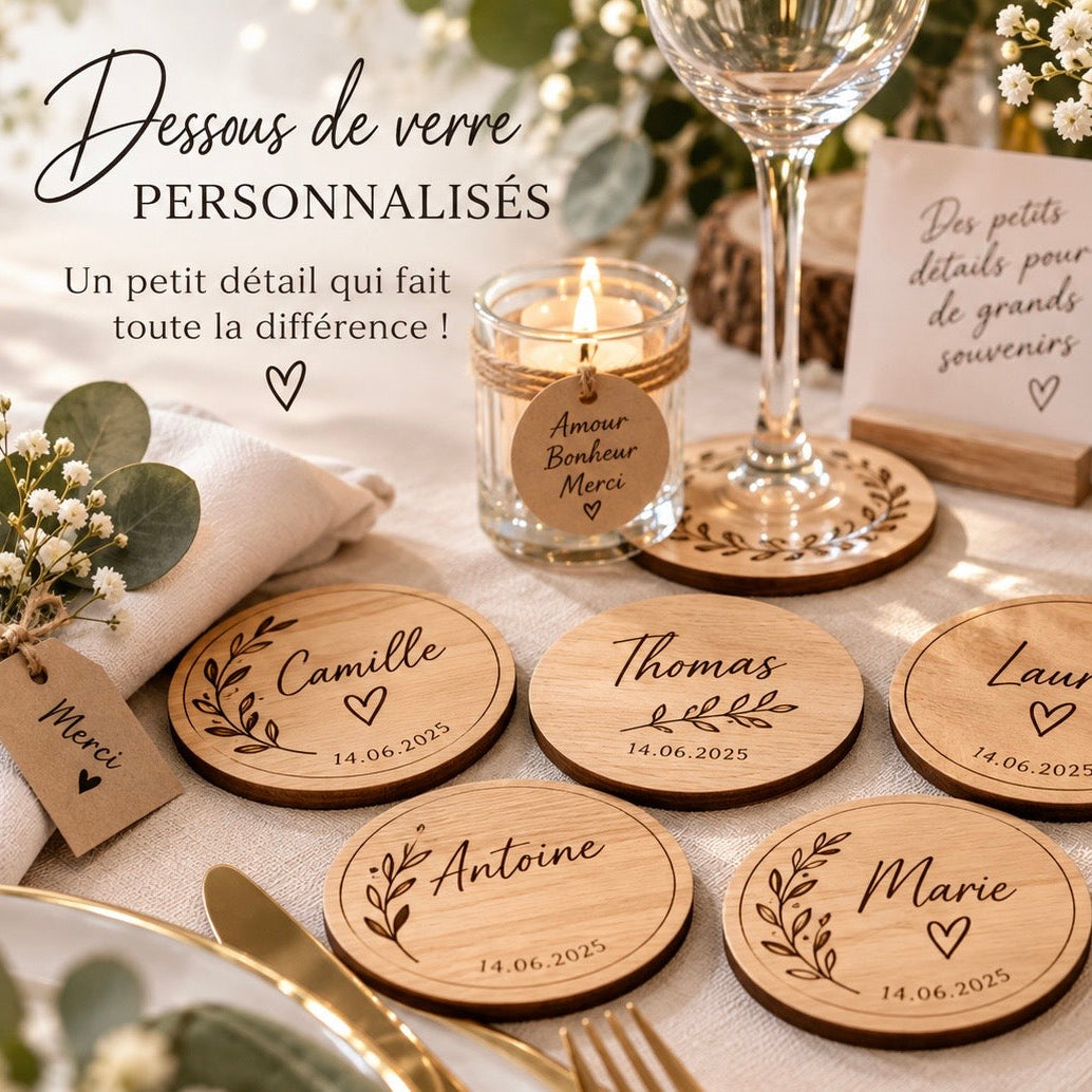 Dessous de verre personnalisé en bois – Cadeau invité mariage