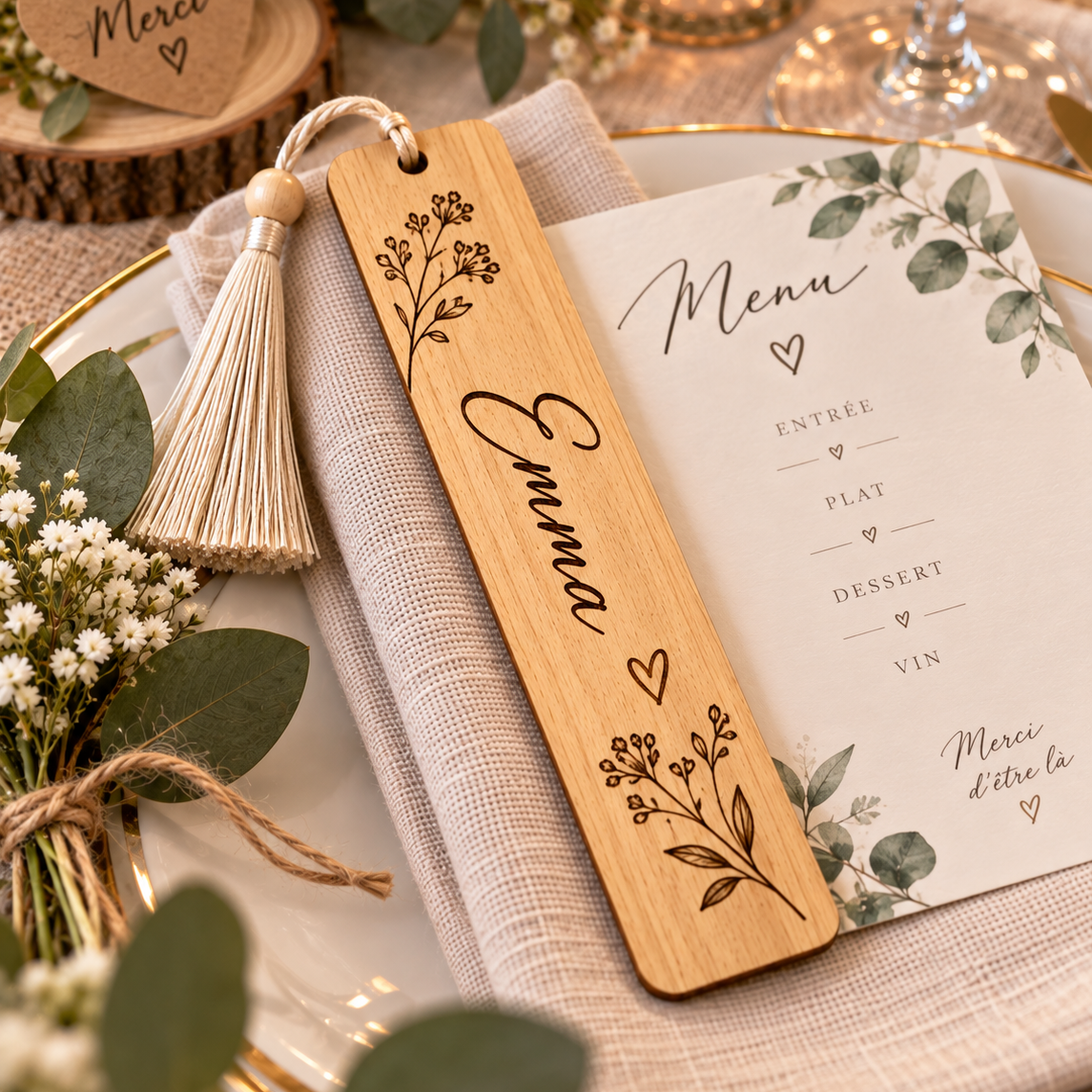 Marque-page personnalisé en bois – Cadeau invité mariage