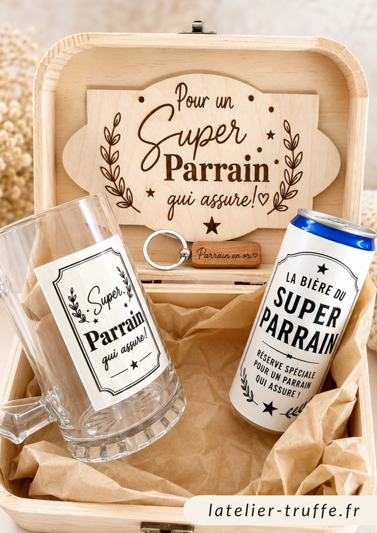 Coffret cadeau Super Parrain personnalisé – Chope, porte-clé & valisette gravée