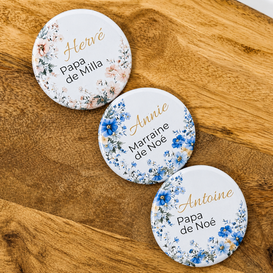 Badges de baptême personnalisés avec prénoms et rôles – 58 mm