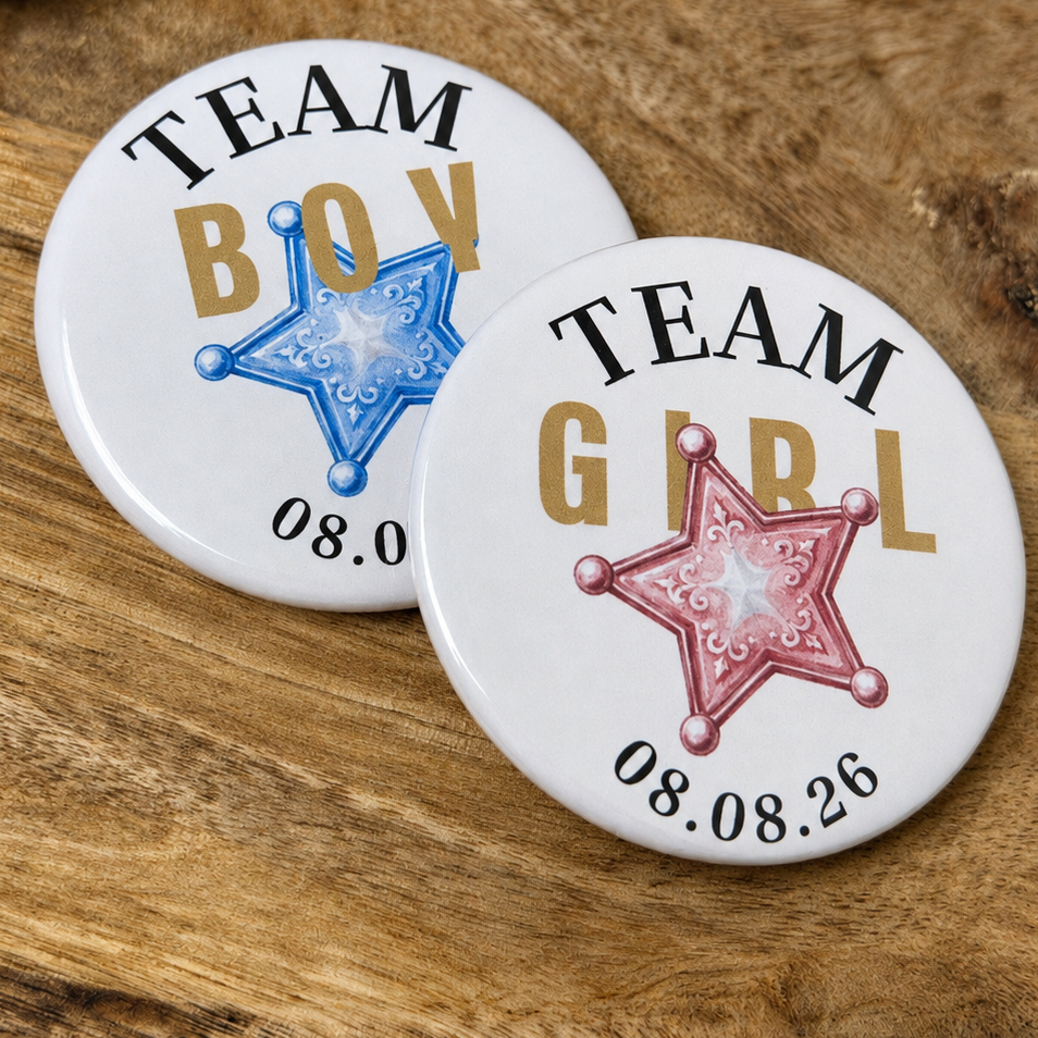 Badges personnalisés Team Girl / Team Boy – Gender Reveal