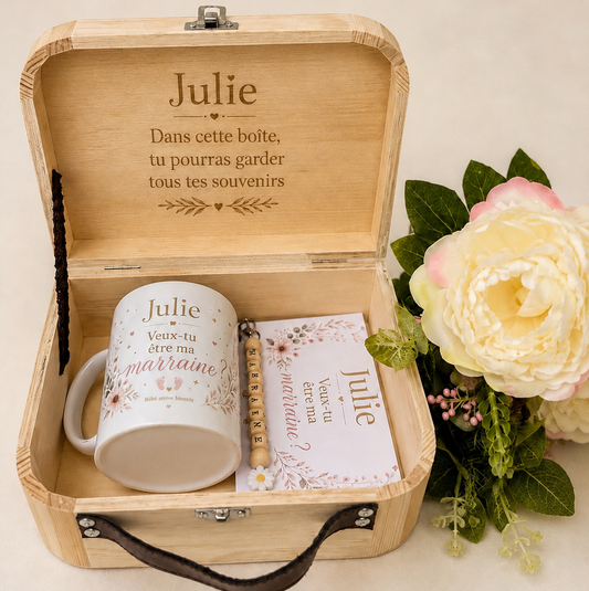 Coffret demande marraine parrain personnalisé – boîte souvenir en bois gravée
