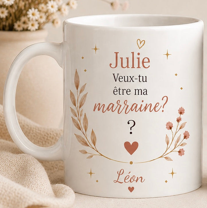 Tasse personnalisée « Veux-tu être ma marraine ? » avec prénoms