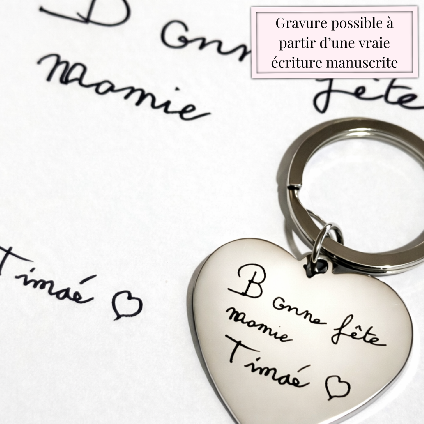 Porte-clé cœur gravé avec écriture manuscrite – Message personnalisé unique