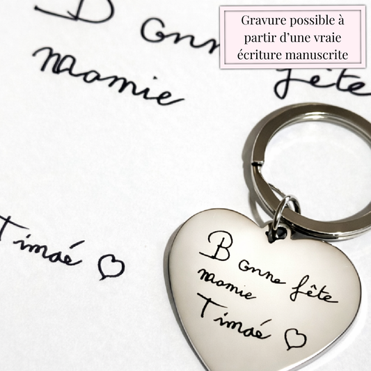Porte-clé cœur gravé avec écriture manuscrite – Message personnalisé unique