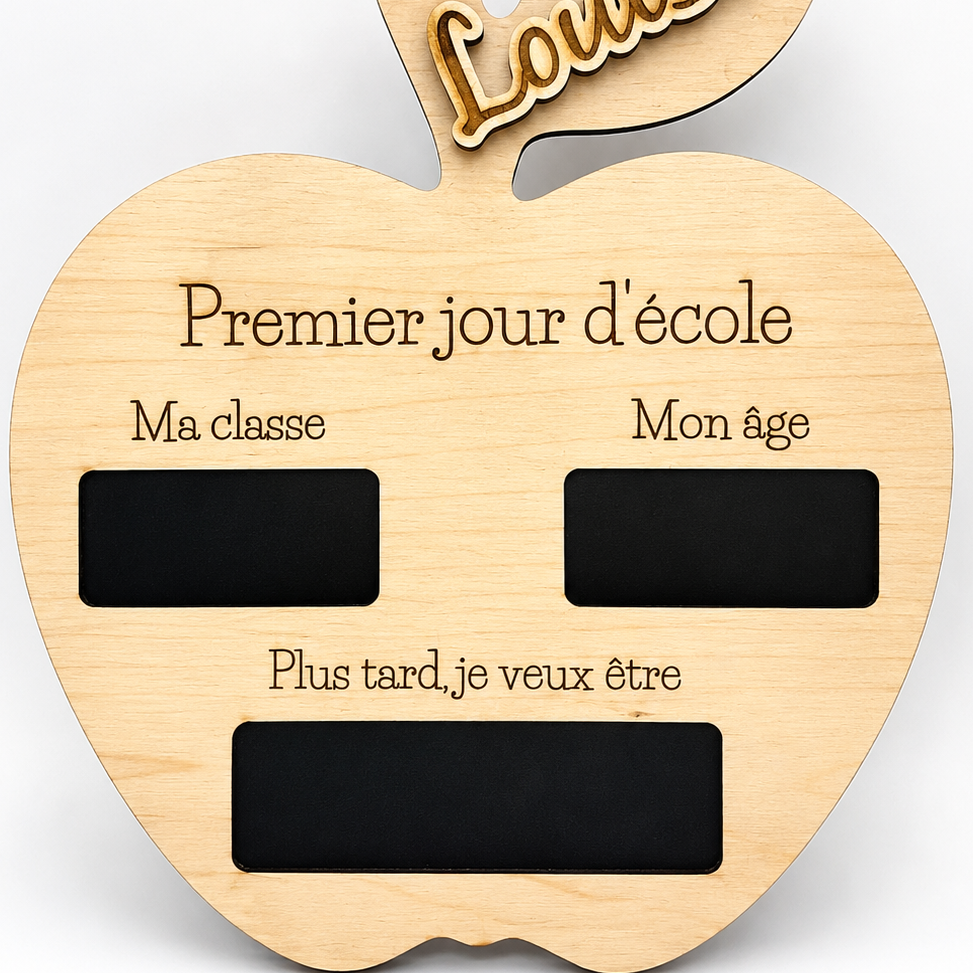 Planche personnalisée Premier jour d’école en bois – Pomme