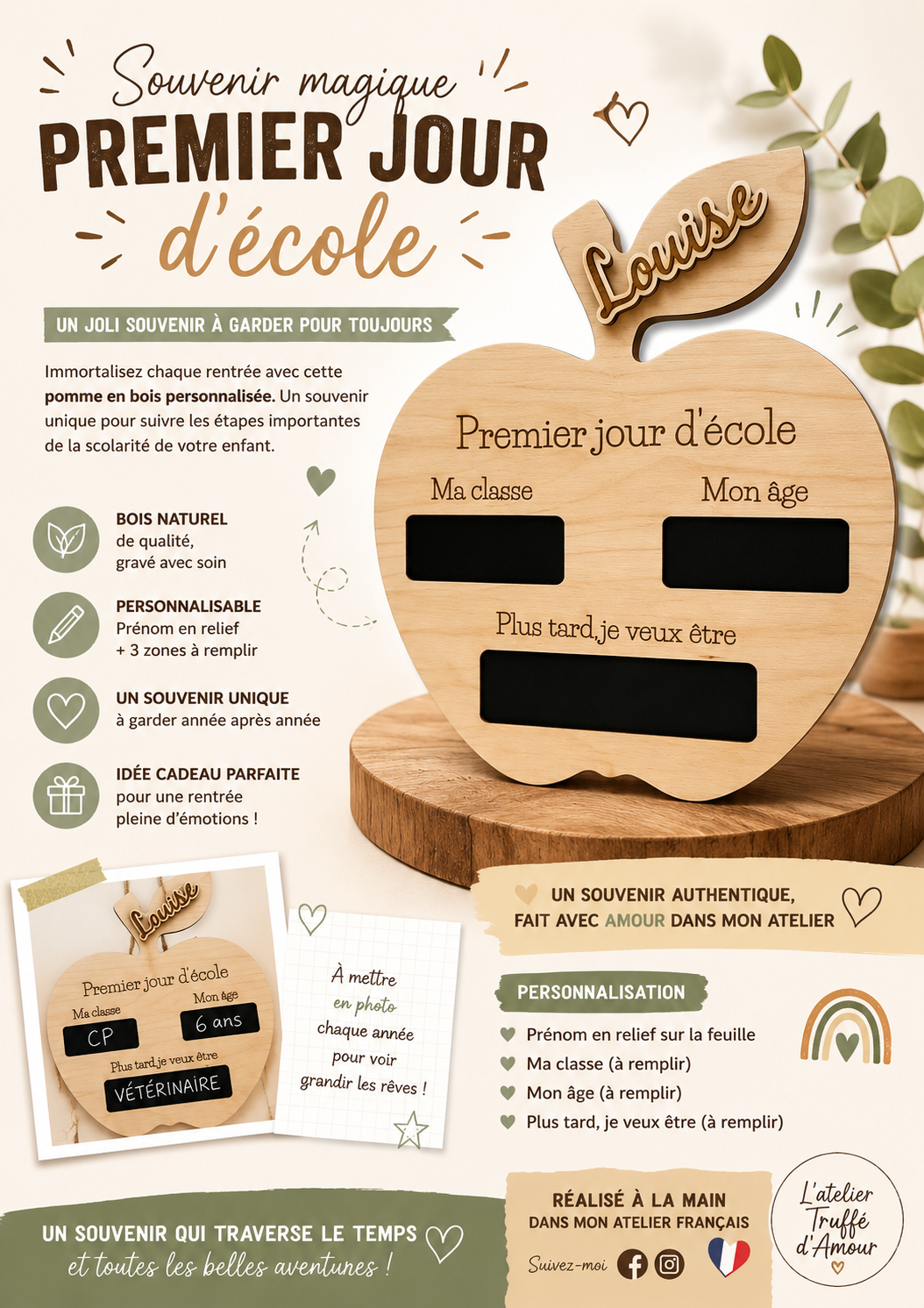 Planche personnalisée Premier jour d’école en bois – Pomme