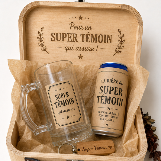 Coffret cadeau Super Témoin personnalisé – chope, porte-clé & valisette