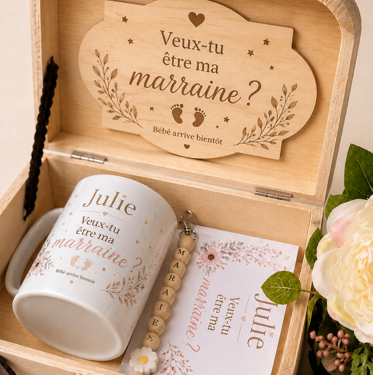 Coffret demande marraine parrain personnalisé – boîte souvenir en bois gravée