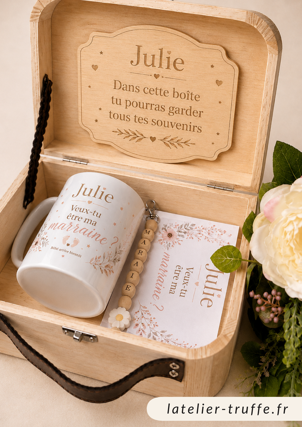 Coffret demande marraine parrain personnalisé – boîte souvenir en bois gravée