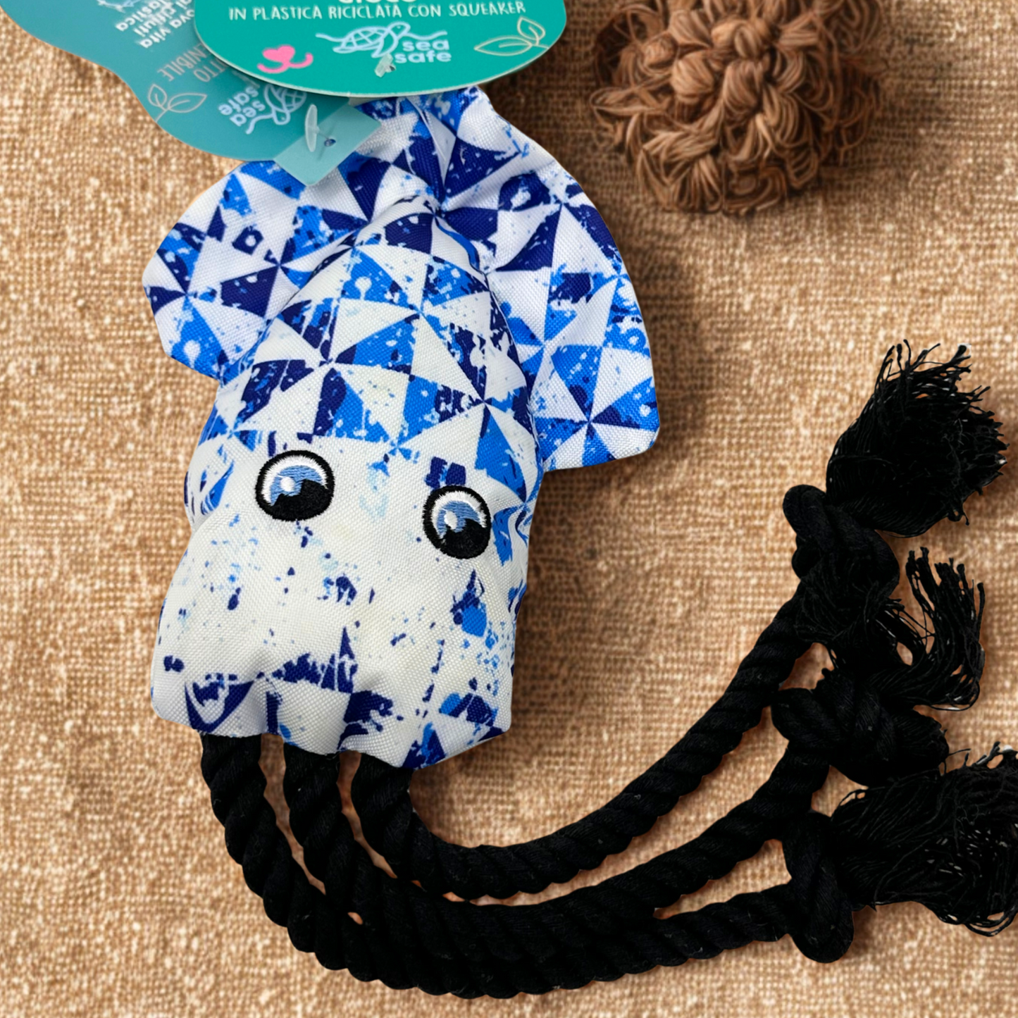 🐙 Jouet pour chien corde & pouet-pouet – Pieuvre bleue éco