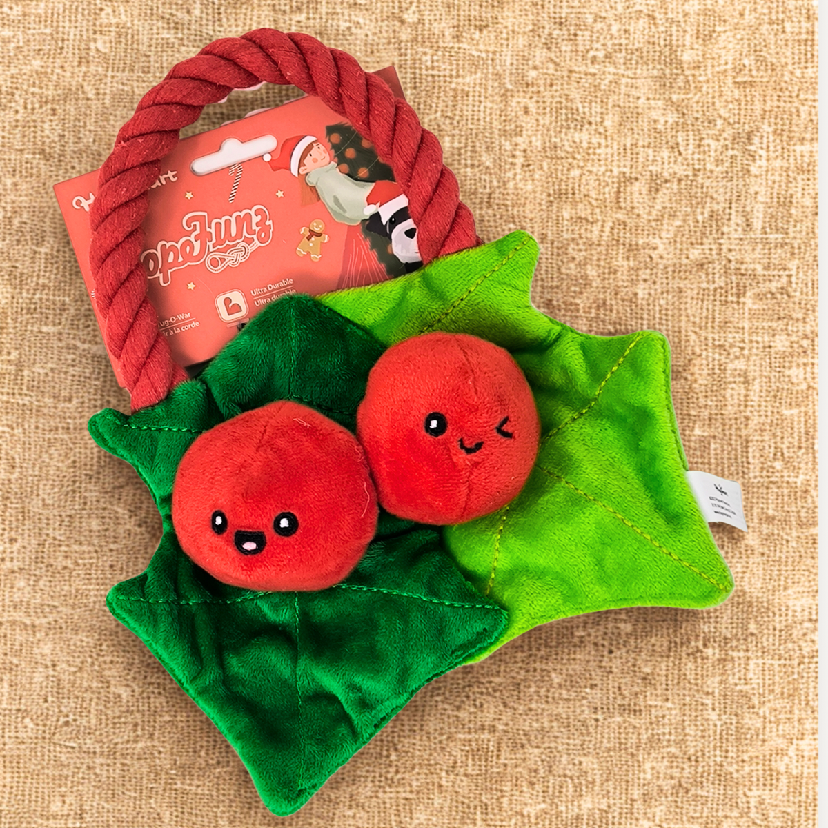🎄 Jouet pour chien « Houx de Noël » – corde & peluche