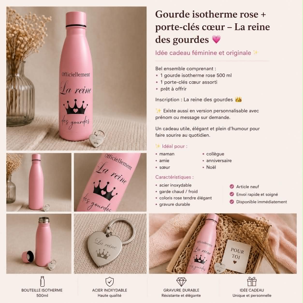 Gourde isotherme rose – “La reine des gourdes” 👑