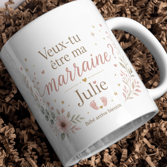 Tasse personnalisée « Veux-tu être ma marraine ? » avec prénom
