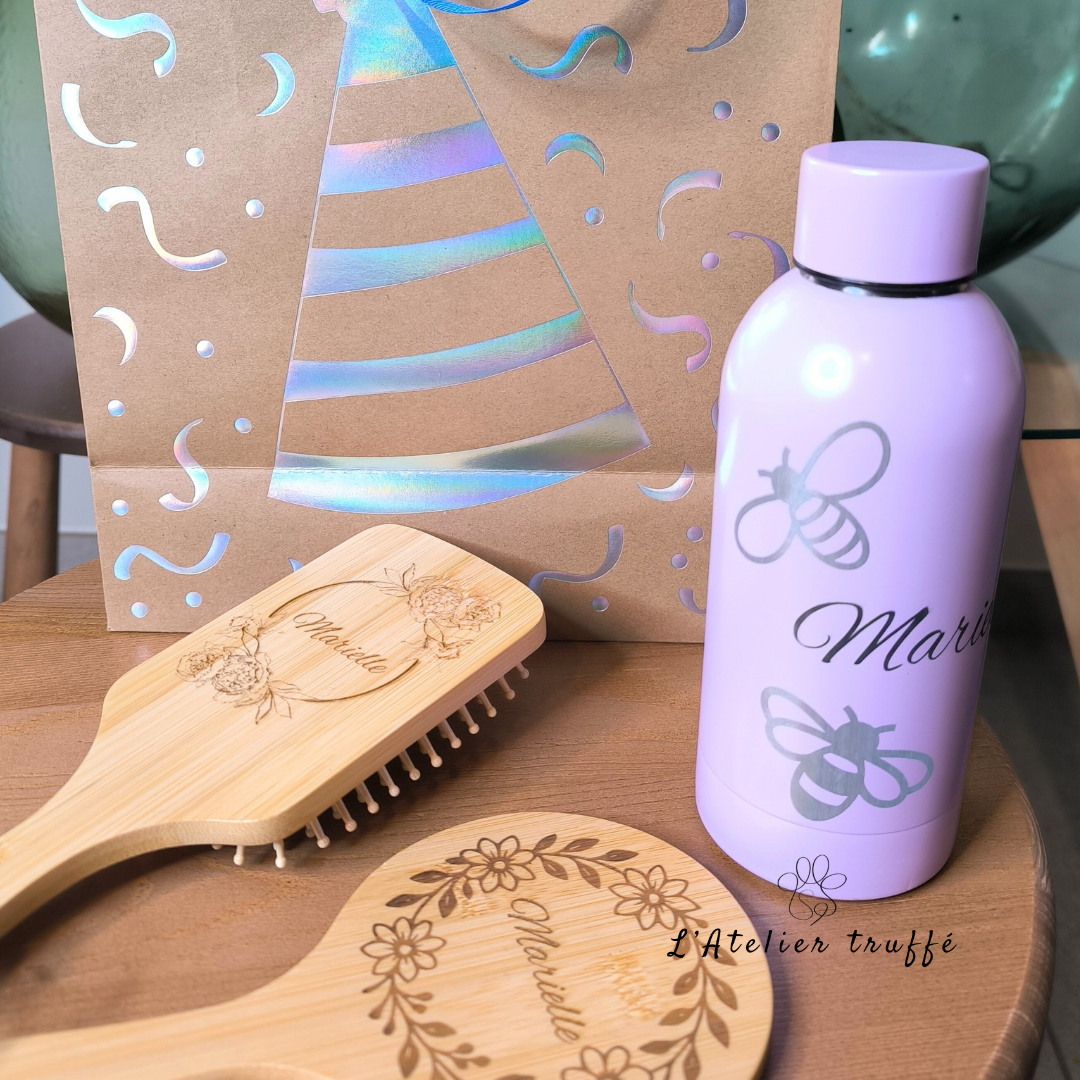 Gourde inox personnalisée – gravure prénom (plusieurs styles)