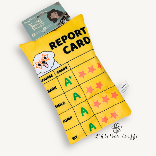 🟨 Jouet pour chien « Report Card » – coussin sonore éducatif