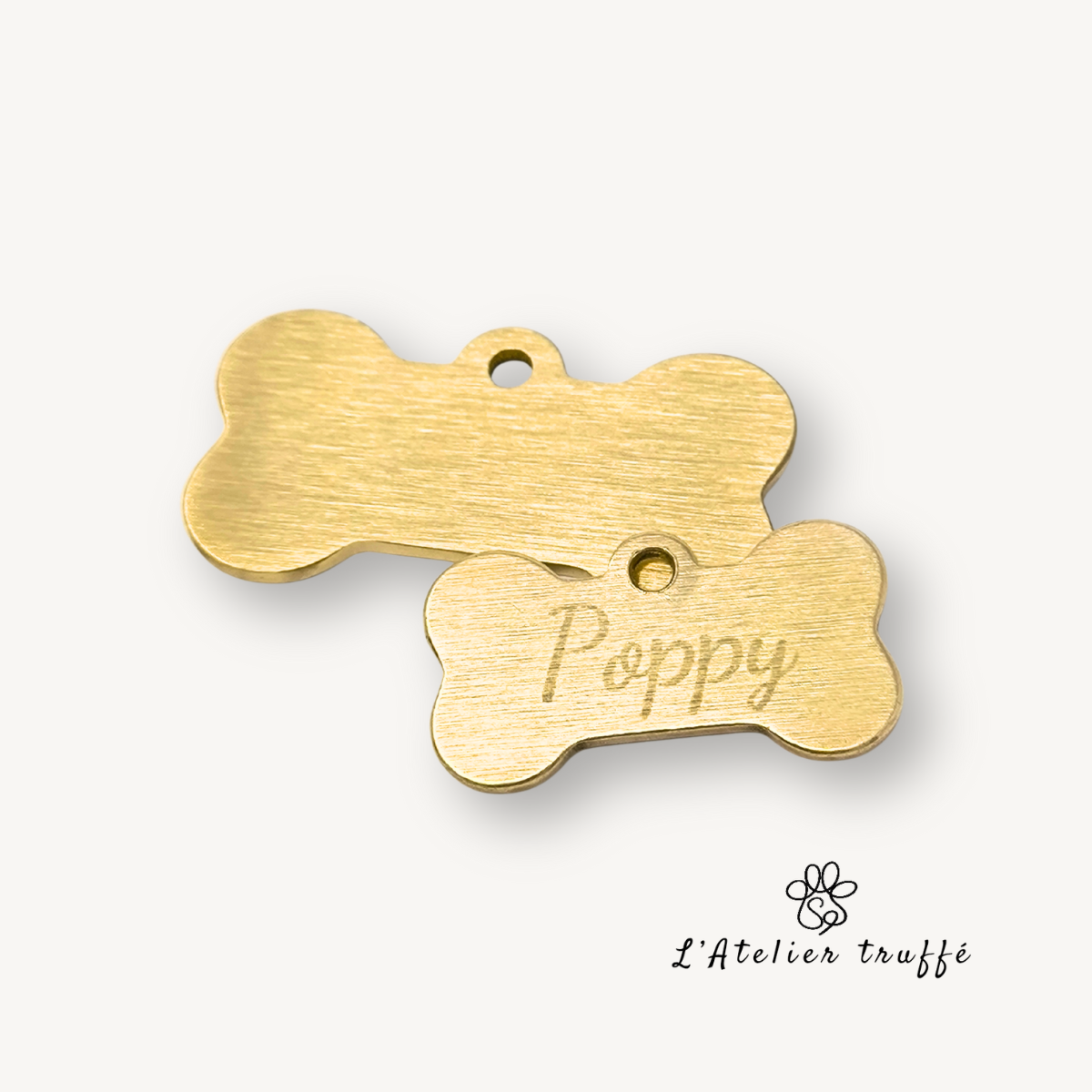 🐶 Médaille gravée en laiton — Forme Os personnalisée